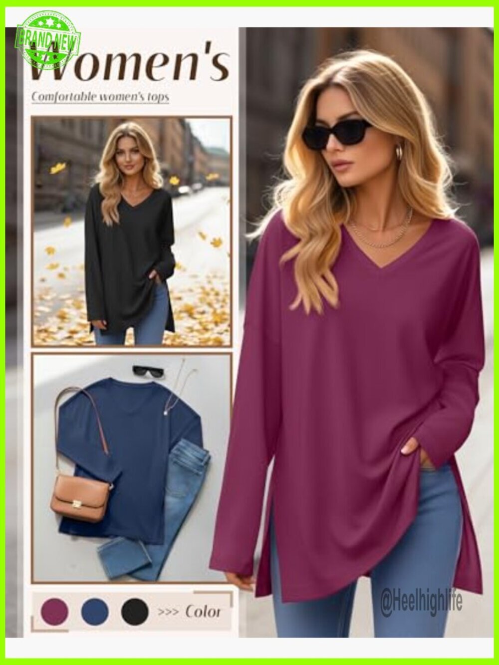 3 Pack Oversized Long Sleeve V-Neck Tunic Tops Loose Fit Workout Casual - Picture 2 of 6
